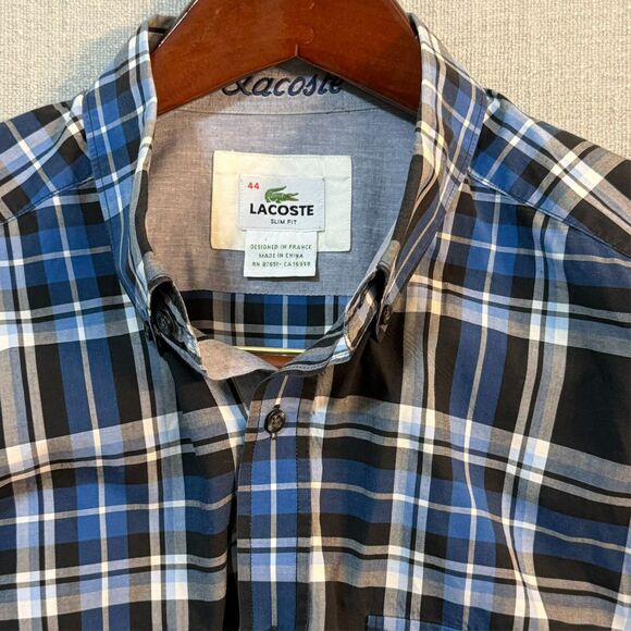 Lacoste Slim Fit Button Front Shirt Men 44 Large Blue Black Plaid Cotton Pockets - Picture 3 of 10